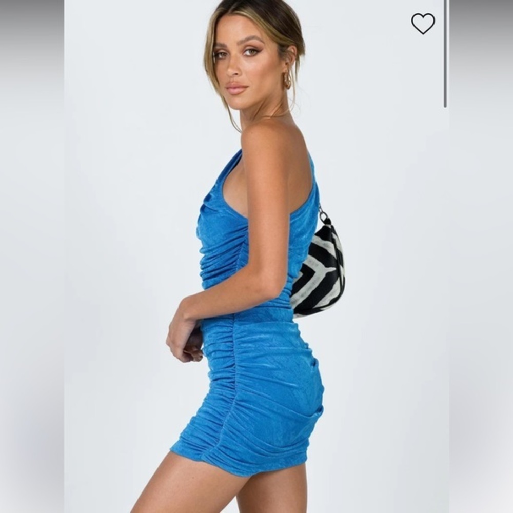 Lioness‎ icy light blue one shoulder ruched mini bodycon stretch soft dress, XXS - Picture 4 of 10